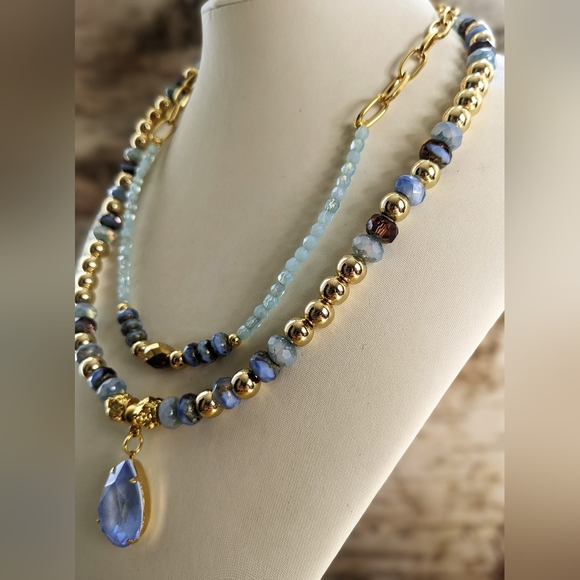 Light Blue Glass Beads In Two Strand Necklace - Picture 3 of 8